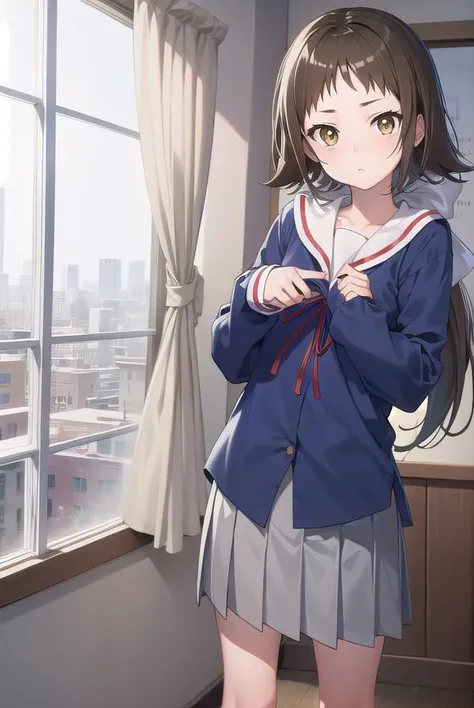 mashiromitsumine, <lyco:mashiromitsumine-lyco-nochekaiser:1>,
mashiro mitsumine, (brown eyes:1.5), brown hair, ponytail, (flat chest:1.2),
BREAK grey skirt, long sleeves, neck ribbon, red ribbon, ribbon, sailor collar, school uniform, skirt, white sailor collar, (blue shirt:1.5),
BREAK looking at viewer, full body,
BREAK indoors, classroom,
BREAK <lyco:GoodHands-beta2:1>, (masterpiece:1.2), best quality, high resolution, unity 8k wallpaper, (illustration:0.8), (beautiful detailed eyes:1.6), extremely detailed face, perfect lighting, extremely detailed CG, (perfect hands, perfect anatomy),