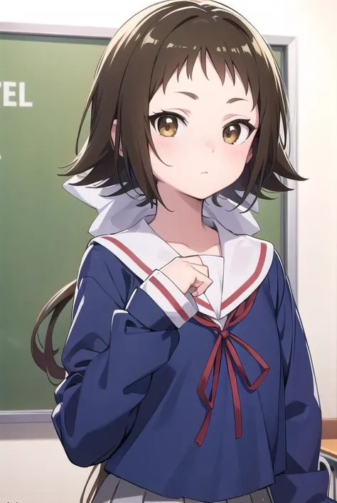 mashiromitsumine, <lyco:mashiromitsumine-lyco-nochekaiser:1>,
mashiro mitsumine, (brown eyes:1.5), brown hair, ponytail, (flat chest:1.2),
BREAK grey skirt, long sleeves, neck ribbon, red ribbon, ribbon, sailor collar, school uniform, skirt, white sailor collar, (blue shirt:1.5),
BREAK looking at viewer, full body,
BREAK indoors, classroom,
BREAK <lyco:GoodHands-beta2:1>, (masterpiece:1.2), best quality, high resolution, unity 8k wallpaper, (illustration:0.8), (beautiful detailed eyes:1.6), extremely detailed face, perfect lighting, extremely detailed CG, (perfect hands, perfect anatomy),