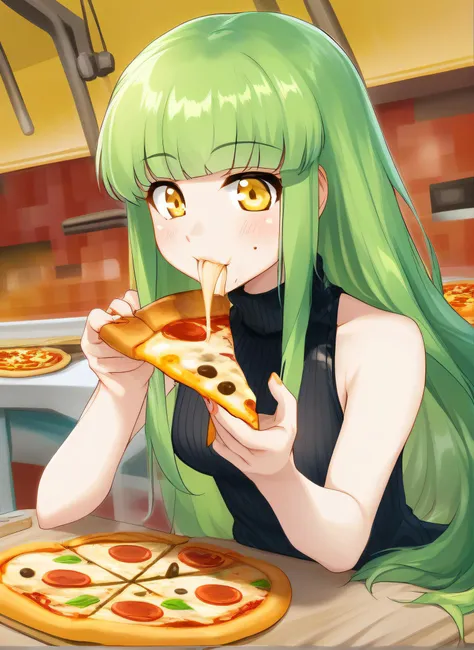 1girl, c.c., code geass, white shirt, long sleeves, turtleneck, sitting, looking at viewer, eating, pizza, plate, fork, knife, table, chair, table, restaurant, cinematic angle, cinematic lighting, masterpiece, best quality