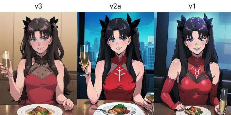 best quality tekuult <lora:TekuhoUlt_v3:1> (flat shading:1.2), 1girl, solo, solo focus, pov, straight on, looking at viewer, :p, smile, parted lips, upper body, sitting, at table, restaurant, food, evening gown, formal, bare shoulders, champagne, holding glass, red dress, rin_tohsaka, rin tohsaka \(Fate stay night\), medium breasts, blue eyes, two side up, black hair <lora:rintohsaka-01:0.33>