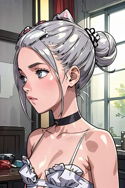 (masterpiece, best quality), 1girl, Platinum Gray Messy Side Bun with Floral Hairpin, small breasts,<lora:TekuhoUlt_v3:1> tekuult