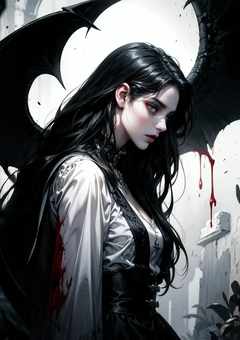 (masterpiece, top quality, best quality, official art, beautiful and aesthetic:1.2), (black and white:1.5), a pale girl with white skin, long hair flowing, black hair, blood dripping from above, demon behind in all black, occult, oil painting:1.5, gloomy, holy, dark backgroound, black background, a dark shadow behind, side view