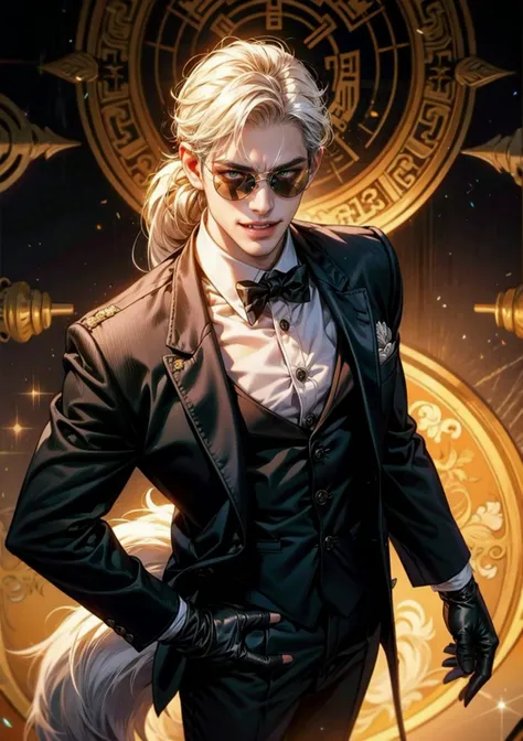 1 girl, solo, medium chest, anthropomorphic wolf, {{pointed wolf ears}}, wolf tail, white hair, short hair, long ponytail, golden eyes, lowered round sunglasses, evil smile, fangs, male attire, white dress shirt, black tie, gray waistcoat, black jacket, black pants, black gloves, Standing, top view, Chinese style embroidery