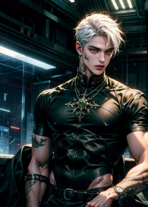 gothic guy, white hair, pierced lips, tattoos, defined body, black short-sleeved outfit, green eyes, fuckboy-style hair, futuristic setting.
