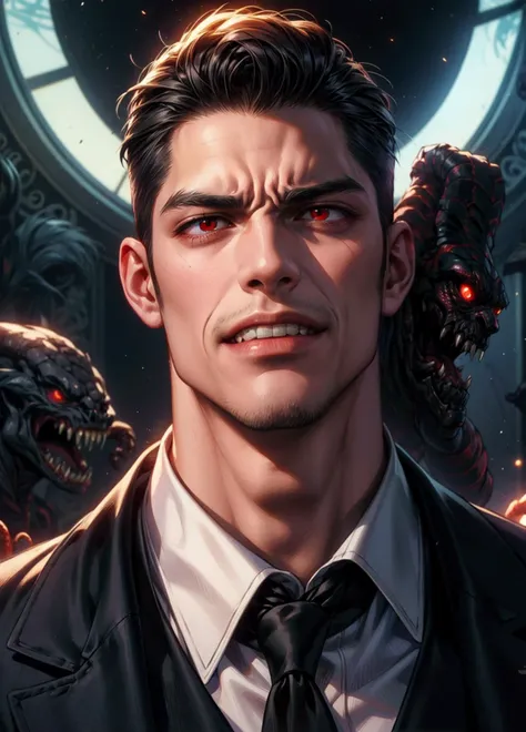 (8k, RAW photo, highest quality),(epic realistic), 1man, slick back hair, (bright red eyes), photorealistic, angry smirk, angry grin, black business suit, black tie, lovecraft, 1900s, intricate details, cinematic, looking at viewer, monsters in backgroud, horror, cosmic horror