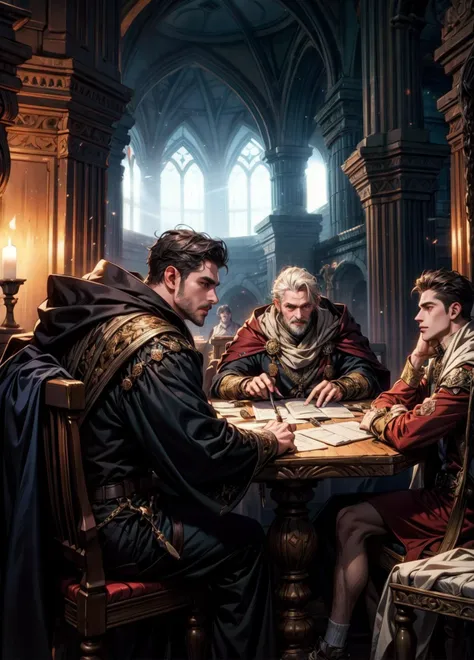 official art, unity 8k wallpaper, ultra detailed, beautiful and aesthetic, High quality, beautiful, masterpiece, best quality, 1man, multiple people, a dark wizard playing dungeons and dragons with friends, excited, funny