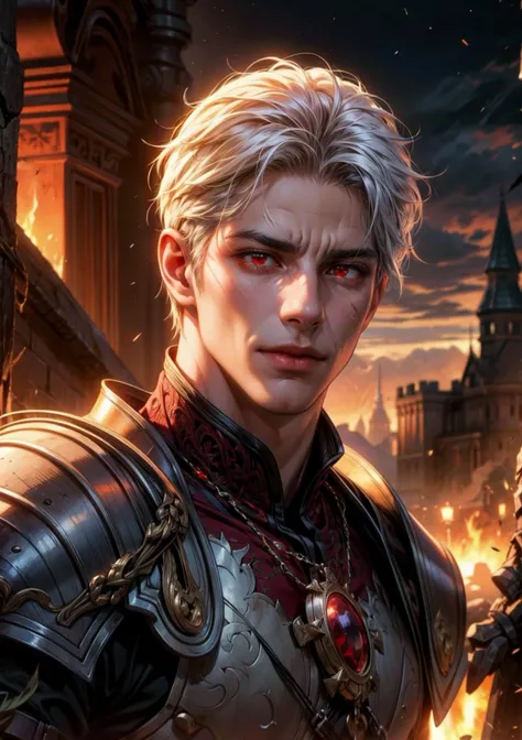 (8k, RAW photo, highest quality),(epic realistic:1.5), 1boy, caucasian, white hair, smirk, ((bright red eyes)), photorealistic, evil look, full armor, dark souls, intricate details,cinematic, dark studio,(hdr:1.5),detailed, muted colors