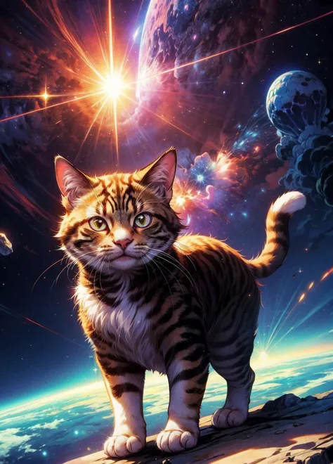 official art, unity 8k wallpaper, ultra detailed, High quality, beautiful, masterpiece, best quality, a fluffy cat floating in space, cute, chibi cat, nebula, sparkle