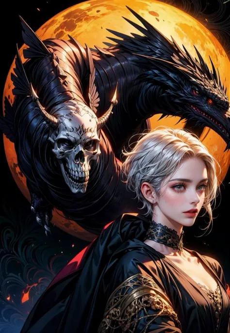 realistic, (masterpiece, top quality, best quality, official art, beautiful and aesthetic:1.2), extremely detailed,fractal art,colorful,highest detailed,zentangle,(abstract background:1.5) (1boy + 1girl:1.3), (crows),silver hair, bright eyes,hair slicked back, short hair, black robe, dark fantasy, holy, horror, most beautiful photo, photorealistic, dragons, skulls