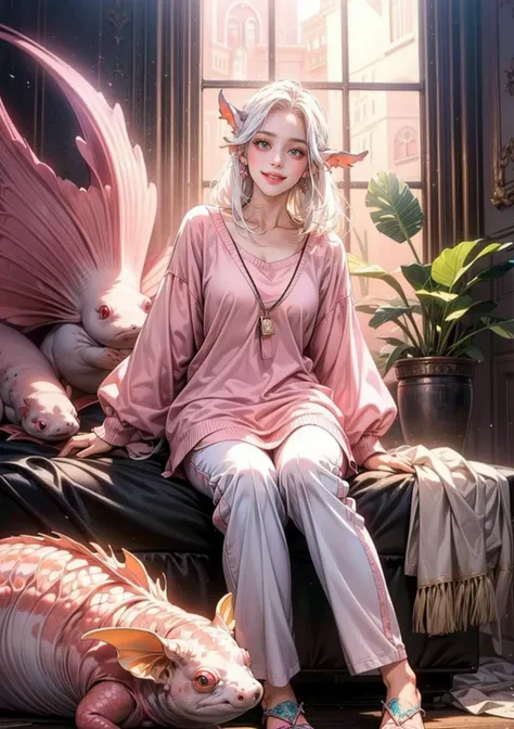 (masterpiece), (realistic), (best quality), (ultra-detailed), amazing, ((girl, axolotl style, axolotl ears, soft pink clothing style, white hair, dreamy smile)), cinematic light, full body