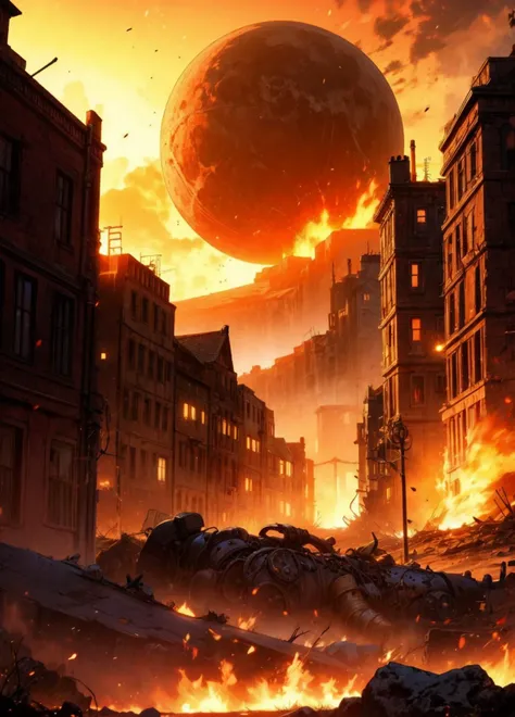 a steampunk town (town from mortal engines) drives trough a scorched land while the red sun shines hot on the dried up and scorched earth, silhouette, light particles