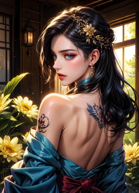 (masterpiece, top quality, best quality, official art, beautiful and aesthetic:1.2),1girl, tattoo, solo, japanese clothes, hair ornament, unsheathing, black hair, sheath, back tattoo, blue eyes, off shoulder, bare shoulders, looking back, from behind, flower, looking at viewer, holding, makeup, indoor,