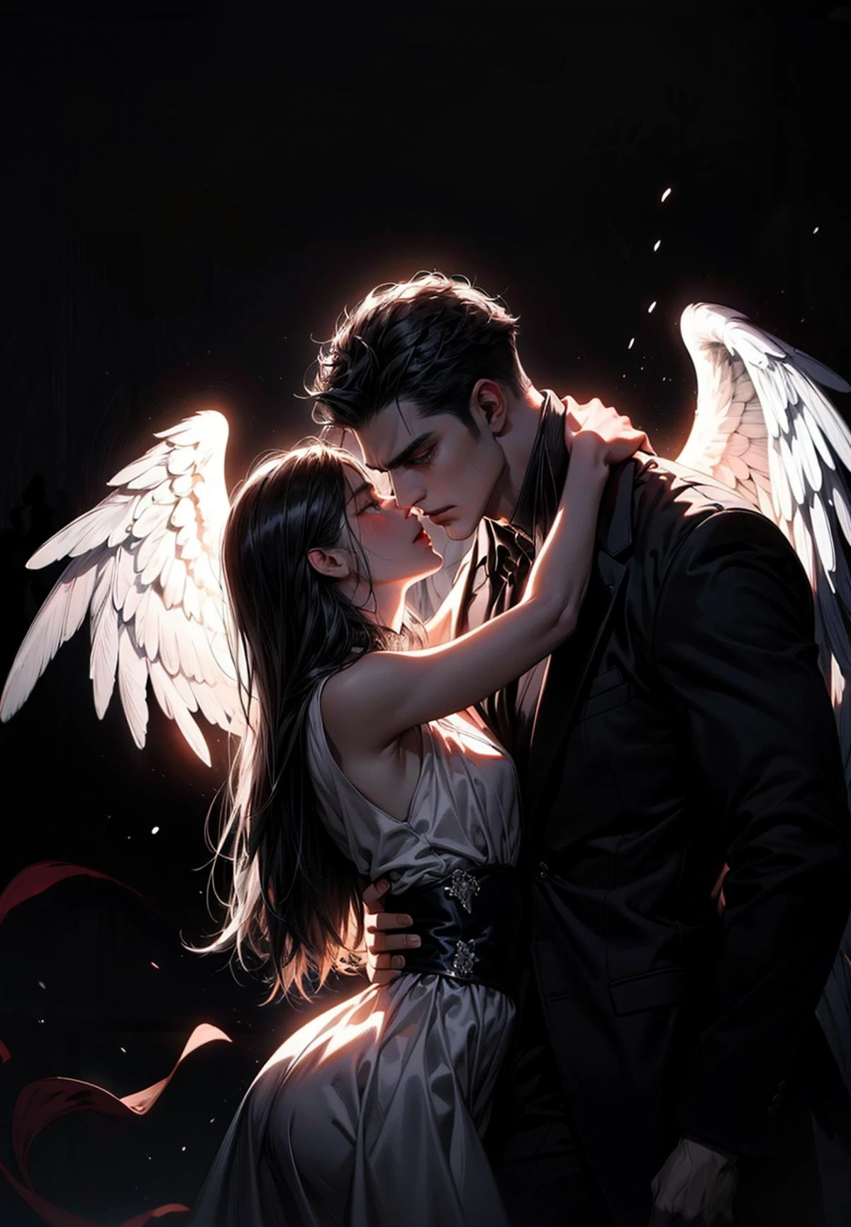 (masterpiece, top quality, best quality, official art, beautiful and aesthetic:1.2), extreme detailed, (fractal art), (black and white:1.5), (a girl embracing a shadow man in all black:1.5), (embracing), (tragic), large angel wings, dynamic angel, long hair flowing, occult, (oil painting), gloomy, holy, black background, side view