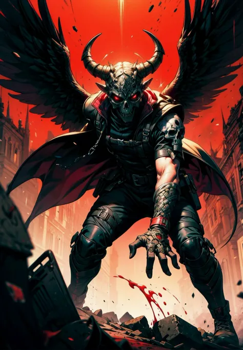 official art, unity 8k wallpaper, ultra detailed, aesthetically pleasing, High quality, masterpiece, best quality, (zentangle, mandala, tangle, entangle), archangel, anubis god, goat horns, large wings, (1male + 1girl), demi demon, (hyper detailed), (best quality), (realistic),(Beautiful), (dynamic angle), (dynamic pose), Male, tactical vest, Semi-automatic rifle, (detailed death mask), (tactical gear), with sword, survival gear, call of duty, black clothing, tall combat boots, long black coat, black skull mask, occult, (Epic),(realism), (stunning art), spot color, monotone, red, blood ,Blood fog, Splashing blood, red streaks, splash art, (dark fantasy), complicated background, empty eyes, lovecraftian, saiko takaki art, horror