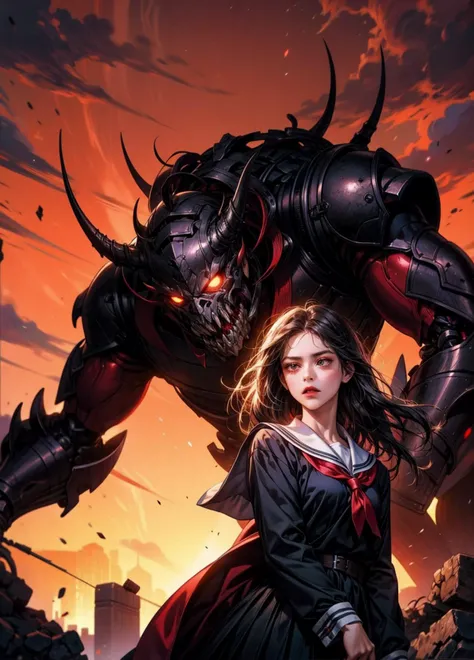 official art, unity 8k wallpaper, ultra detailed, aesthetically pleasing, High quality, masterpiece, best quality, looking above, (1girl), (school uniform), (a girl looks out to see a giant mechanical demon facing her), (in a city that has become ruins), black hair, holding sword, lycoris flower, ready for battle, fight to the death, (red, black), darkness, red sky, demon, (red, black), abyssal, complicated background,