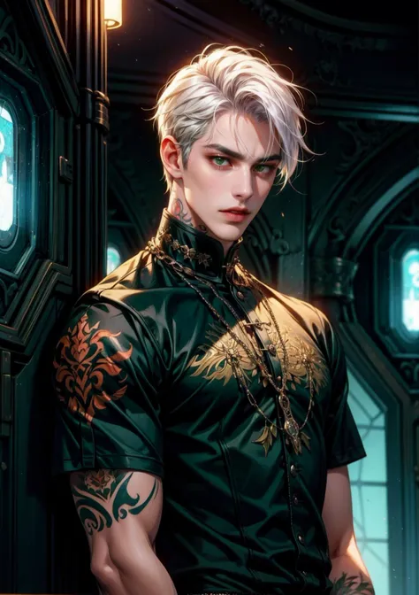 gothic guy, white hair, pierced lips, tattoos, defined body, black short-sleeved outfit, green eyes, fuckboy-style hair, futuristic setting