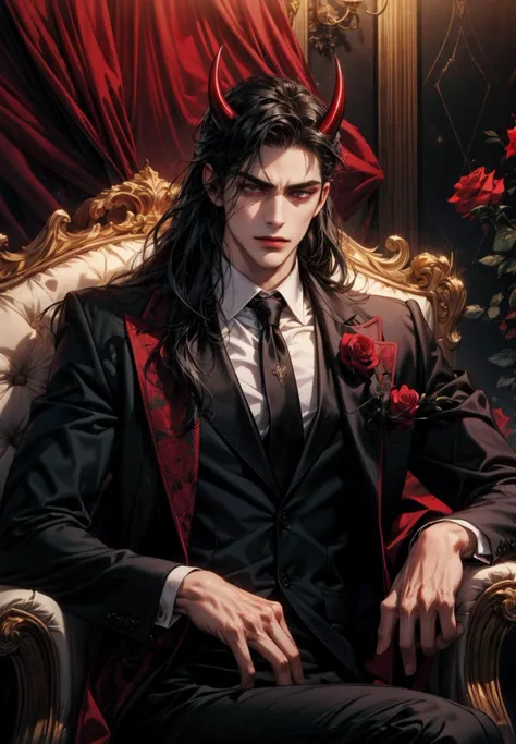 official art, 8k wallpaper, ultra detailed, beautiful and aesthetic, high quality, masterpiece, best quality, 1man, handsome man with black hair, long hair:1, sitting on a chair, smirk, evil stare, elegant pose, demon, black and red suit, back tie, red horns, red blackground, black and red roses in the background, simple style