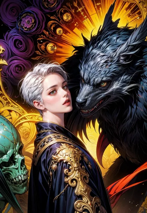 realistic, (masterpiece, top quality, best quality, official art, beautiful and aesthetic:1.2), extremely detailed,fractal art,colorful,highest detailed,zentangle,(abstract background:1.5) (1boy + 1girl:1.3), (crows),silver hair, bright eyes,hair slicked back, short hair, black robe, dark fantasy, holy, horror, most beautiful photo, photorealistic, dragons, skulls