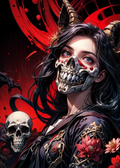 official art, unity 8k wallpaper, ultra detailed, beautiful and aesthetic, High quality, beautiful, masterpiece, best quality, (zentangle, mandala, tangle, entangle), flat color, limited palette, low contrast, 1girl, serafuku, long straight black hair, lycoris flower, goat skull, (red, black), (horror), (gloomy), blood, gasmask