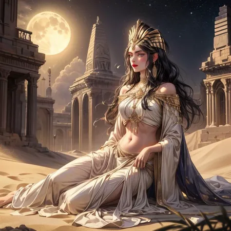(artistic painting, classic art: 1.4), (masterpiece, 8k, hdr, high quality, best quality:1.5), 1 woman, (Egyptian pharaoh:1.1), flawless, model, slender body, visible ab lines, starry night, desert, pyramid, moonlight, full moon, ancient Egyptian robes, (pharaoh dress:1.3),( head dress:1.2),( dignified, elegant, magical, beautiful eyes, perfect makeup, lipstick:1.3), stomach, shoulders, belly button, visible ab lines, looking into the distance, sand storm, loose robes, sitting on the sand