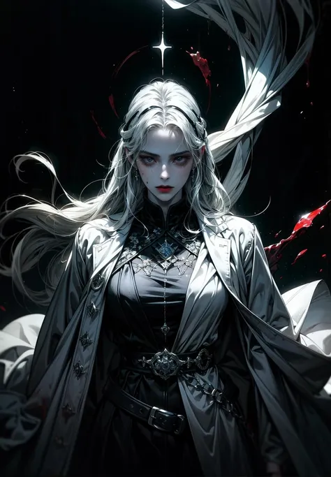 (masterpiece, top quality, best quality, official art, beautiful and aesthetic:1.2), (black and white:1.5), a pale girl with white skin, long hair flowing, blood dripping from above, occult, oil painting:1.5, holy, dark backgroound, black background, a dark shadow behind