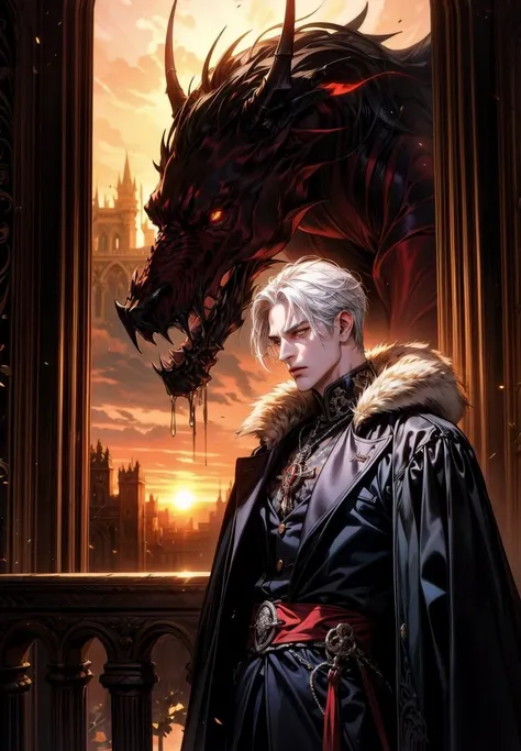 Alucard, with piercing crimson eyes, stands tall and imposing in a tailored black coat made of fine wool, elegant pose, silver hair, flows like liquid mercury, contrasting, porcelain-like pale skin, brooding aura surrounds him, accentuating his enigmatic expression (mood: mystery) that hints at untold secrets. The ambient lighting (natural light: sunset) casts intriguing shadows on his sharp features, a vintage Gothic architecture (style:1) adds a sense of antiquity, enhancing the photo's mysterious allure. An unconventional angle, Alucard in a contemplative pose, gloved hand resting on the hilt of a finely crafted katana