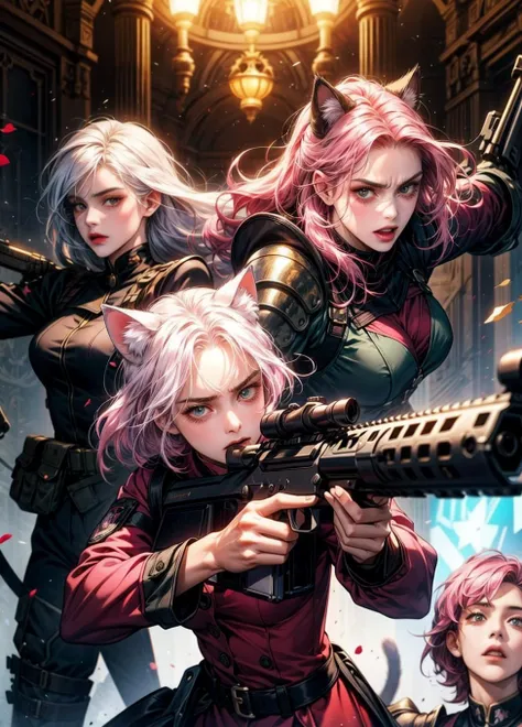 best quality , masterpiece, 4females, kawaii girls with assault rifles in a battle field, in full set of swat armor, kawaii, cute clothes, detailed face, holding gun, assault rifle, military uniform, ((aiming gun at viewer)), depth of field, angry looking. pink hair, white hair, cat ears