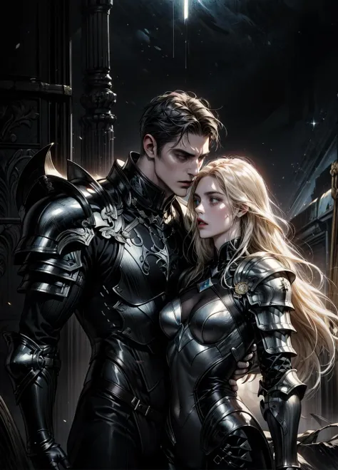 Masterpiece, 8k, illustration, A man and a Woman, 2 people, 1man, 1woman 1 Man: heavy armor, full armor, black armor, 1 Woman: light armor, tight bodysuit, black bodysuit Dynamic pose, cinematic lighting Side to side, liquid clothes, starrystarscloud