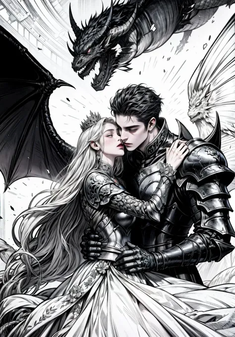 official art, unity 8k wallpaper, ultra detailed, beautiful and aesthetic, High quality, beautiful, masterpiece, best quality, (zentangle, mandala, tangle, entangle:0.6), (1boy + 1girl), a dark knight in full armor embracing a princess, emotional, (kissing), hugging, romantic, dark fantasy, demons, dragons, dark fantasy