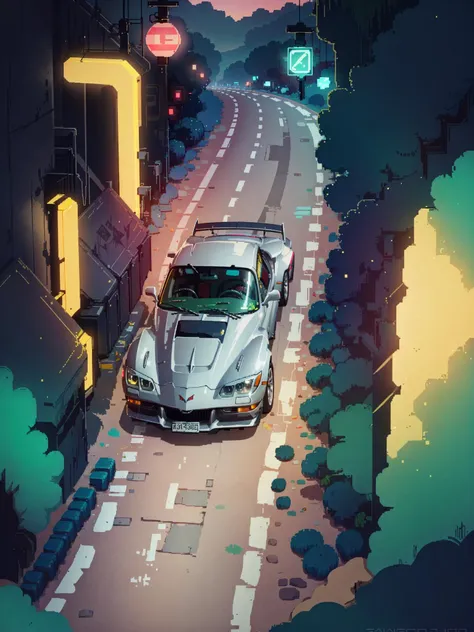 chevrolet Corvette 1960, in the city street,  <lora:Hyper Diffusion:0.8>, HLD Style, neon colors, close photoshoot