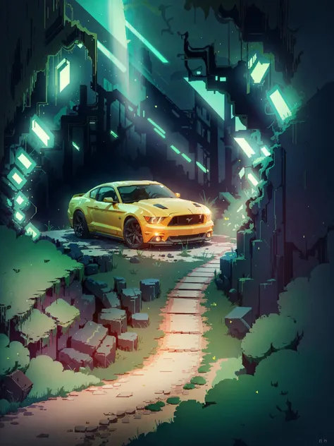 ford mustang, in the forest, <lora:Hyper Diffusion:0.8>, HLD Style, neon colors, close photoshoot