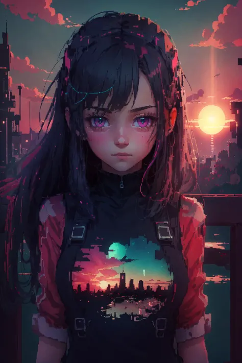 1girl, upper body,((looking at viewer, )),sunset,(city),(highres, masterpiece, best quality, ultra-detailed 8k wallpaper, extremely clear), neon colors, pastel colors, <lora:Hyper Diffusion:0.8>, HLD Style