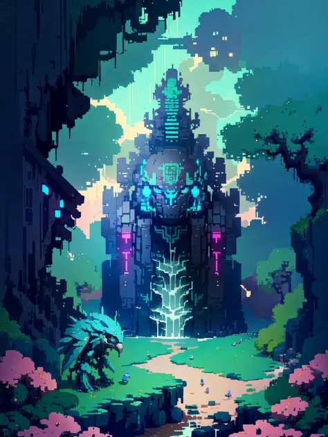 beautiful and magic forest, full of various flowers, ((ancient mecha)), multiple different animals and birds, waterfall, architecture, art nouveau, temple,  tech, neon colors, <lora:Hyper Diffusion:0.8>, HLD style, <lora:pixel_art:0.3>