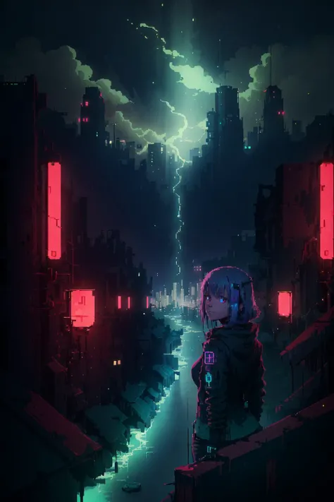 1girl, upper body,((looking at viewer, )),(city), night, bahaus, cyberpunk, (highres, masterpiece, best quality, ultra-detailed 8k wallpaper, extremely clear), neon colors, pastel colors, <lora:Hyper Diffusion:0.8>, HLD Style