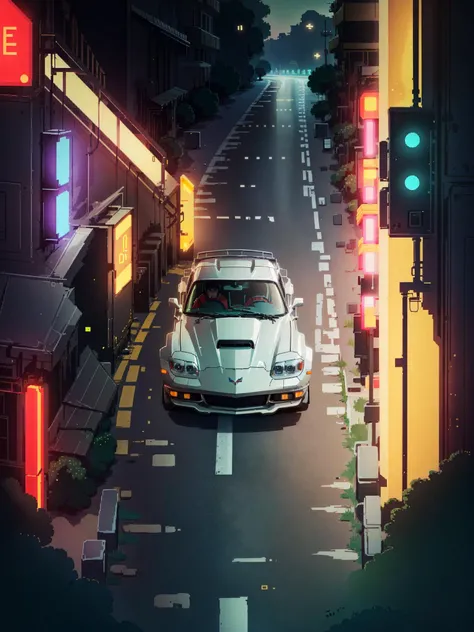 chevrolet Corvette 1960, in the city street, <lora:Hyper Diffusion:0.8>, HLD Style, neon colors, close photoshoot