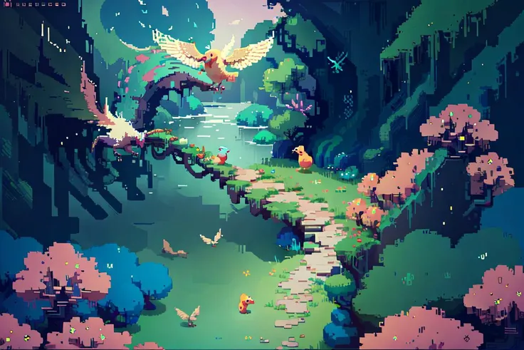 beautiful and magic forest, full of various flowers, multiple different animals and birds, <lora:Hyper Diffusion:0.8>, HLD style <lora:Pixhell_15:0.6> pixelart