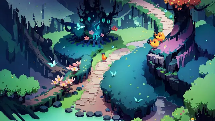 beautiful and magic forest, full of various flowers, multiple different animals and birds, <lora:Hyper Diffusion:0.8>, HLD style