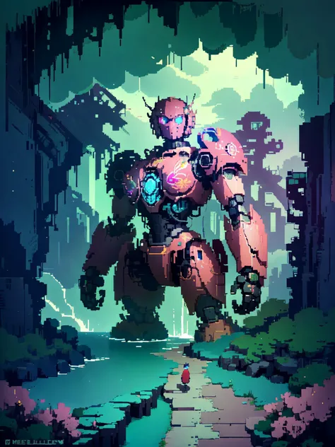 beautiful and magic forest, full of various flowers, (ancient deceased giant mecha:1.3), multiple different animals and birds, waterfall, architecture, art nouveau, temple,  tech, neon colors, <lora:Hyper Diffusion:0.8>, HLD style, <lora:pixel_art:0.3>