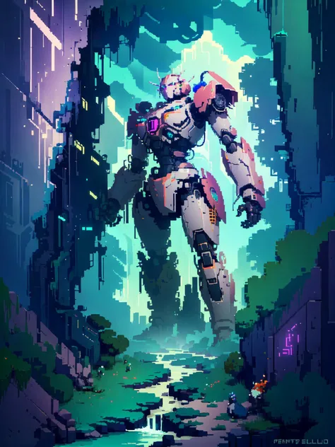 beautiful and magic forest, full of various flowers, (ancient giant mecha:1.3), multiple different animals and birds, waterfall, architecture, art nouveau, temple, tech, neon colors, <lora:Hyper Diffusion:0.8>, HLD style, <lora:pixel_art:0.3>