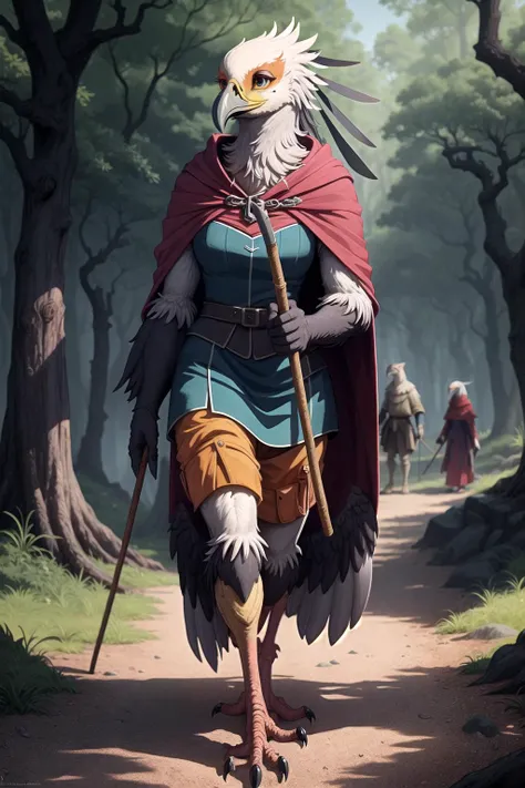 anthro secretary_bird, beak, female, winged-arms, cloak, in a forest, traveling with a caravan, group, talking to a fellow traveler, fantasy setting, holding a walking stick, medieval setting bloodstainai, <lora:Bloodstainai:.6>
