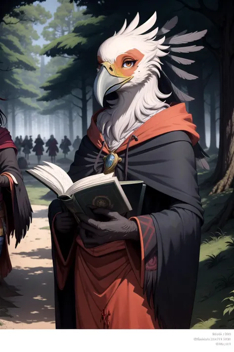 anthro secretary_bird, beak, female, cloak, in a forest, traveling with a caravan, ((group)), talking to a fellow traveler, holding a book, fantasy setting, medieval setting, bloodstainai, <lora:Bloodstainai:.6>