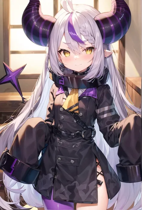 <lora:laplusDarknessV8:1>, la+ darknesss, best quality, ultra-detailed, standing, bangs, ahoge, blush, braid, closed mouth, collar, demon horns, grey hair, hair between eyes, horns, long hair, long sleeves, tail, multicolored hair, purple hair, streaked hair, single leg pantyhose, single thighhigh, striped horns, yellow eyes, black coat, sleeves past finger, sleeves past wrists, indoors