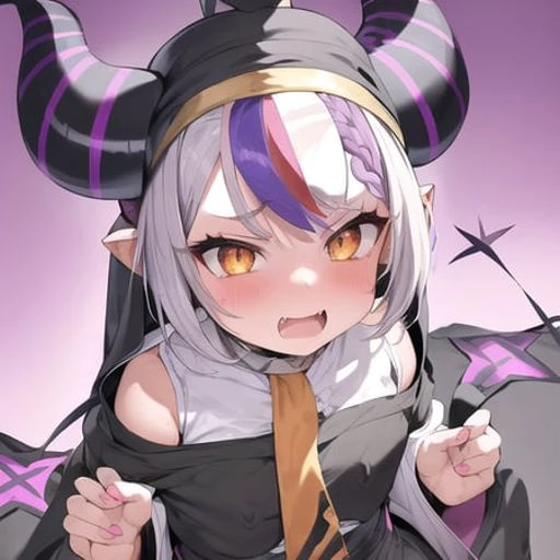 masterpiece, best quality, 1girl, bangs, blush, braid, demon horns, fang, grey hair, hair between eyes, horns, la+ darknesss, multicolored hair, pointy ears, purple hair, solo, streaked hair, striped horns, yellow eyes,(nun dress:1.3)),(((,)))<lora:laDarknesss_v1:0.75>