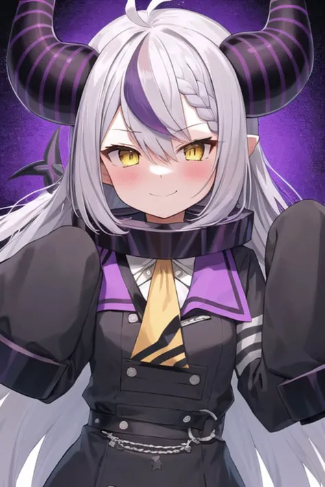 masterpiece, best quality, ultra-detailed, illustration, 1girl, bangs, blush, braid, closed mouth, collar, demon horns, grey hair, hair between eyes, horns, la+ darknesss, long hair, long sleeves, multicolored hair, purple hair, smile, solo, streaked hair, striped horns, upper body, yellow eyes, black coat, sleeves past finger,sleeves past wrists