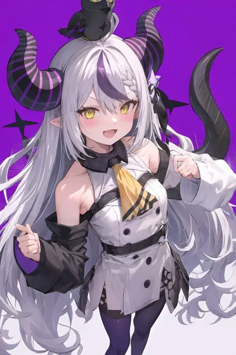 masterpiece, best quality, ultra-detailed, illustration, 1girl, :d, ahoge, ascot, bangs, bare shoulders, black dress, blush, braid, demon horns, dress, fang, grey hair, hair between eyes, horns, la+ darknesss, long hair, looking at viewer, multicolored hair, open mouth, pointy ears, purple background, purple hair, single leg pantyhose, smile, solo, streaked hair, striped horns, tail, very long hair, white sleeves, yellow ascot, yellow eyes, <lora:laDarknesss_v1:1>