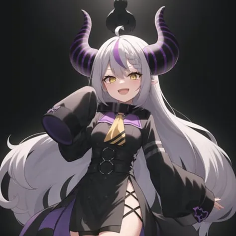 2d, masterpiece, best quality, anime, highly detailed eyes, highly detailed face, cowboy shot, feet out of frame, 1 girl, solo, standing, studio background, black background, la+ darknesss, laplus, hololive, virtual youtuber, horns, (collar), yellow eyes, yellow ascot, purple dress, (long sleeves), (sleeves past fingers), white hair, streaked hair, smile, open mouth <lora:laplus darknesss 2:0.7>