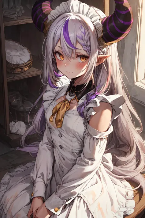 (best quality:1.2),absurdres, 1girl,watercolor (medium),bright living,la+ darkness,small breasts,looking at viewer,natural face,gold eyes,(white maid dress:1.4),blush, braid, :\3,demon horns, grey hair, hair between eyes, horns, long hair, multicolored hair, purple hair, streaked hair, striped horns,
<lora:laplusDarknessV8:0.6> <lora:Silicon-landscape-isolation:0.5>