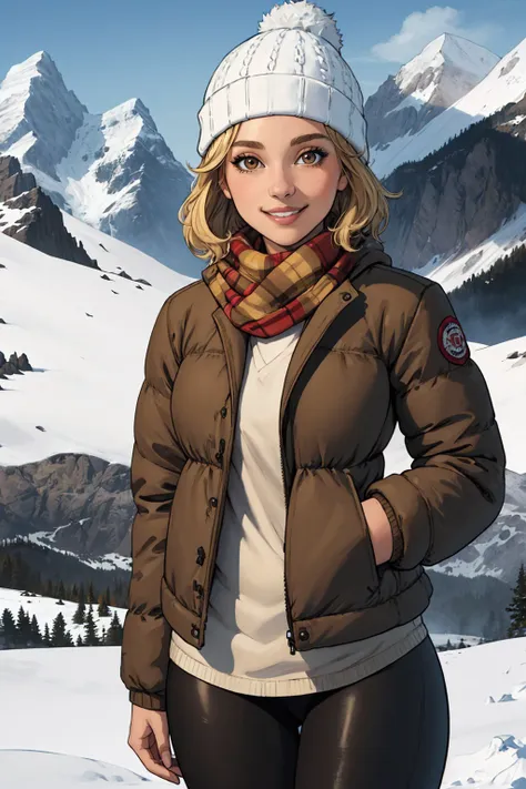 (masterpiece, highest quality, illustration), close-up, upper body, solo, woman, smile, short blonde hair, brown eyes, puffy jacket, scarf, beanie, long sleeves, leggings, facing the viewer, standing, arms by side, mountains, snow