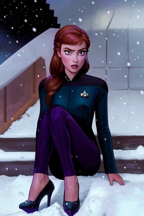 best quality, illustration, cute anna, (blue s3sttngsuit uniform:1.3), black color pants, (purple color high heels:1.2), hoop earrings, star trek borg cube:1.2, stairs:0.4, determined expression, looking at viewer, snowing, sexy details, <lora:anna:0.8>, <lora:STNGV3new:0.9>