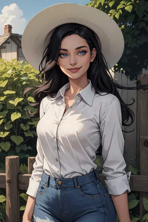 (masterpiece, highest quality, illustration), upper body, solo, woman, smile, long black hair, blue eyes, collared shirt, jeans, sunhat, outdoors, fence, bush, standing